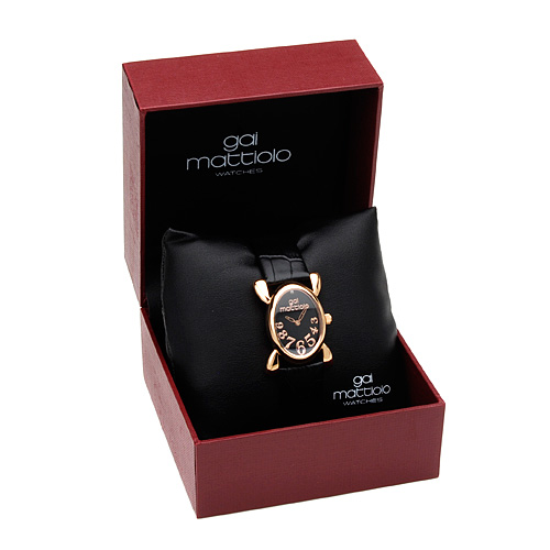 *GAI MATTIOLO* CRYSTAL BLACK LEATHER WATCH- ITALY